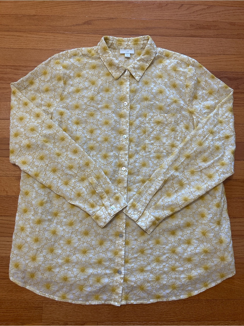 J. Jill Button Down Shirt Women’s Size L Tall White Yellow Embroidered Floral